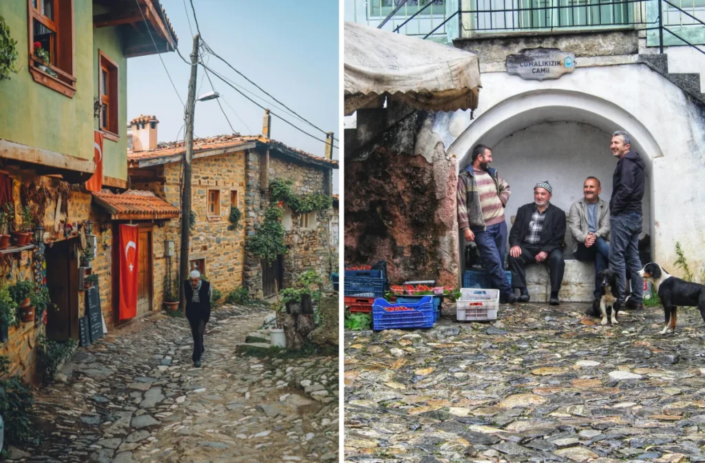 Cumalıkızık Köyü’nün taş döşemeli dar sokakları, tarihi Osmanlı evleriyle çevrili yürüyüş yolu