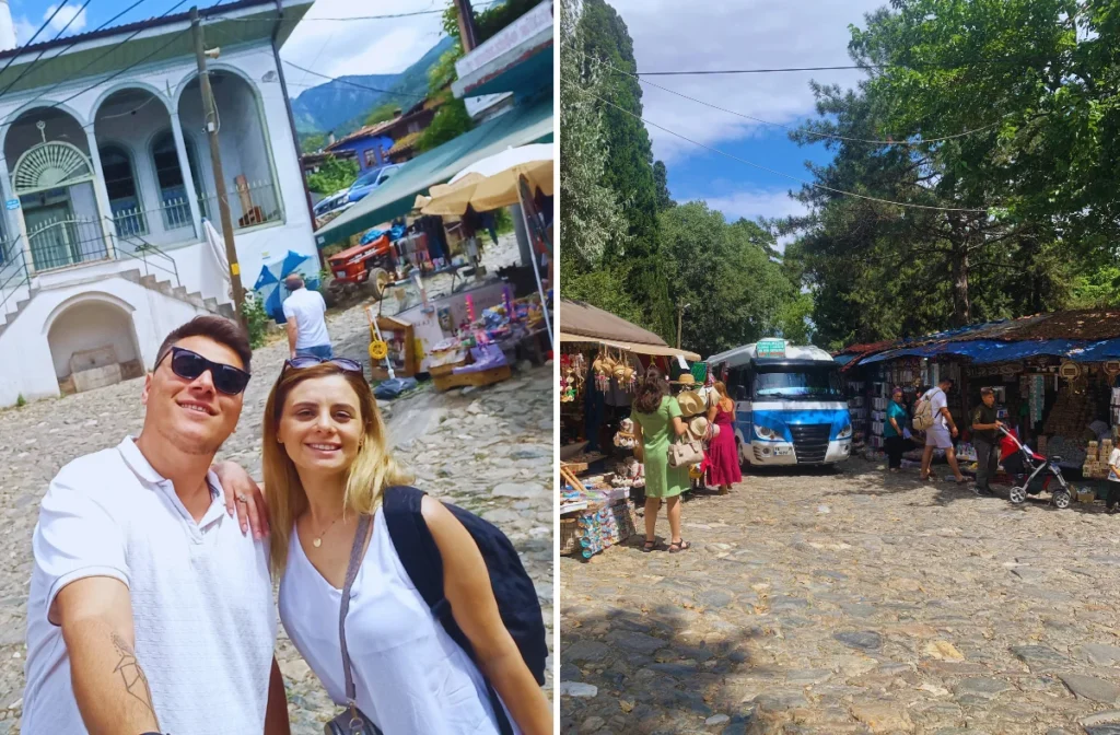 Cumalıkızık Köyü'nde tarihi cami girişi ve önündeki taşlı meydan görüntüsü