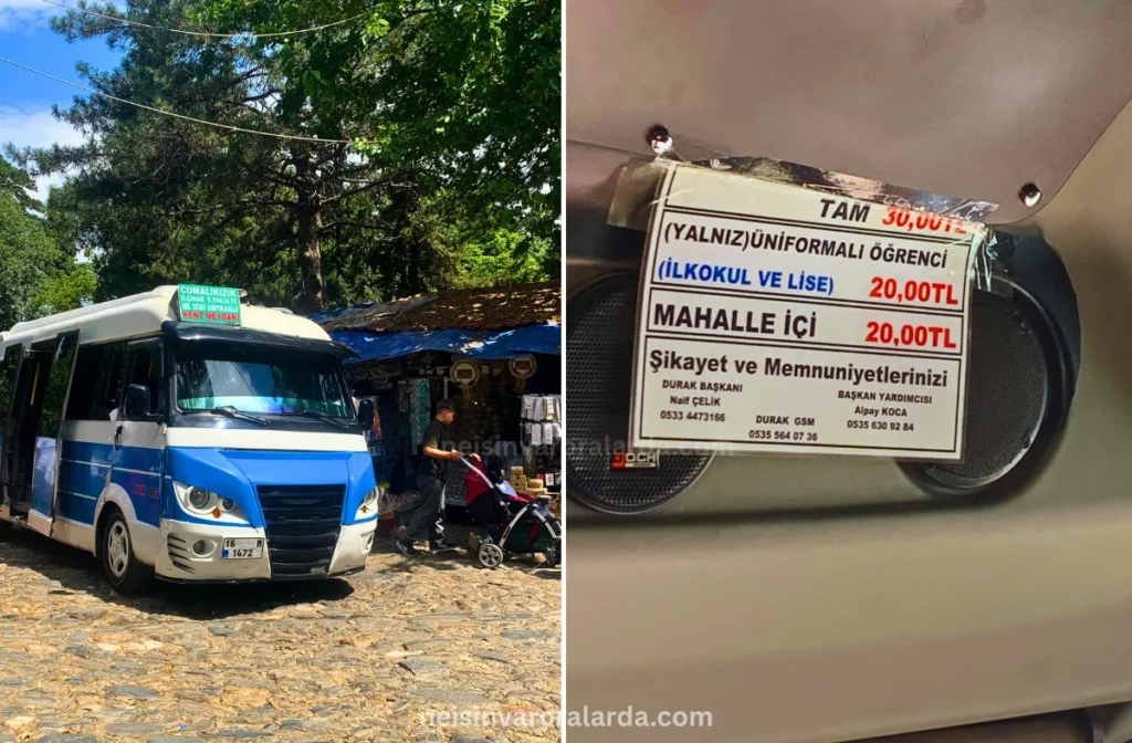 Cumalıkızık minibüs durağı ve fiyat listesi tabelası, Bursa’da toplu taşıma bilgileri