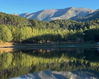 Dağların ve ağaçların göle yansıdığı doğa manzarası